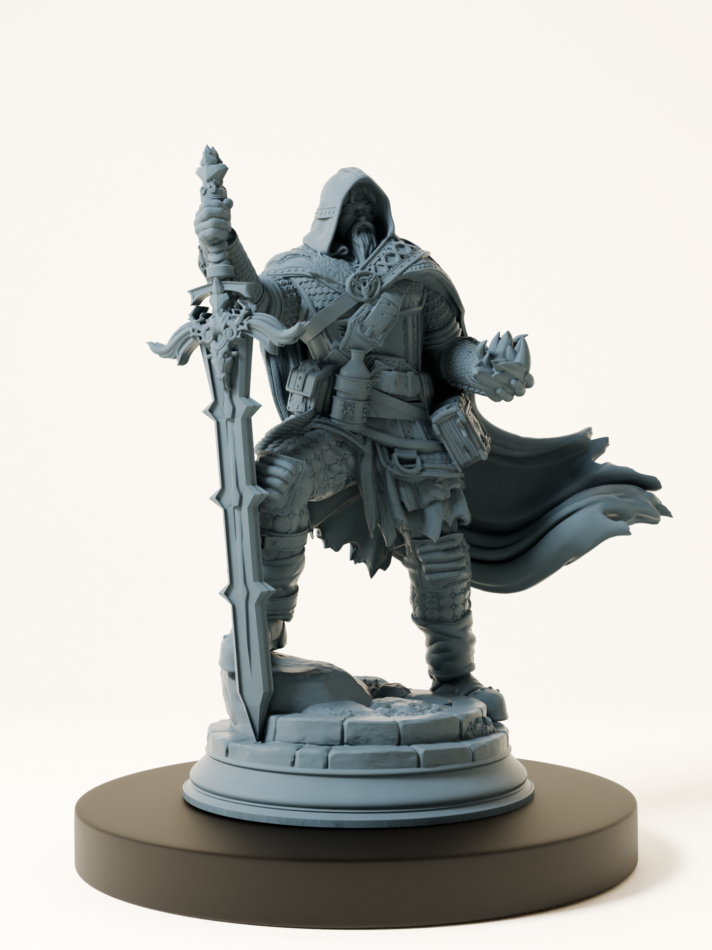 Figurine d’un rôdeur mort-vivant en armure lourde, capuche relevée, tenant une épée massive et une flamme surnaturelle, parfait pour un personnage de vengeance ou de justice sombre.