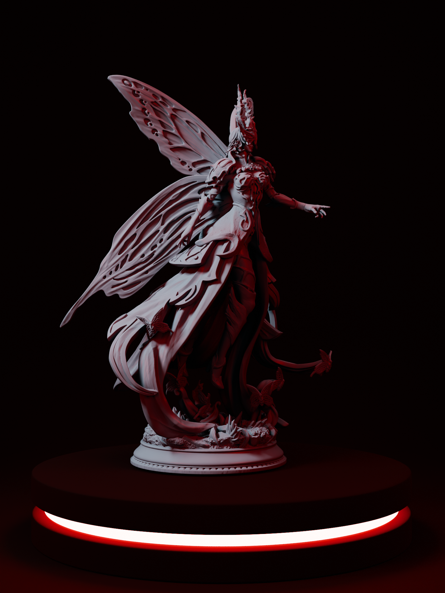 Figurine d’une reine féerique ailée avec une armure organique et une couronne cornue, debout sur un socle fleuri, parfaite pour incarner une souveraine féerique dans un jeu de rôle.