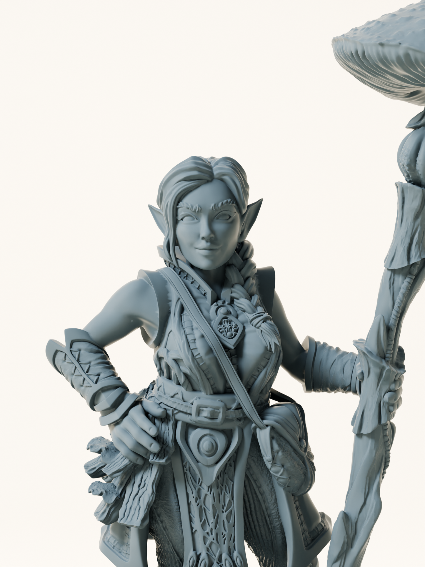 Figurine d’une halfling druidesse debout sur un sol recouvert de champignons, tenant un bâton surmonté d’un grand mycélium, vêtue de vêtements forestiers détaillés.