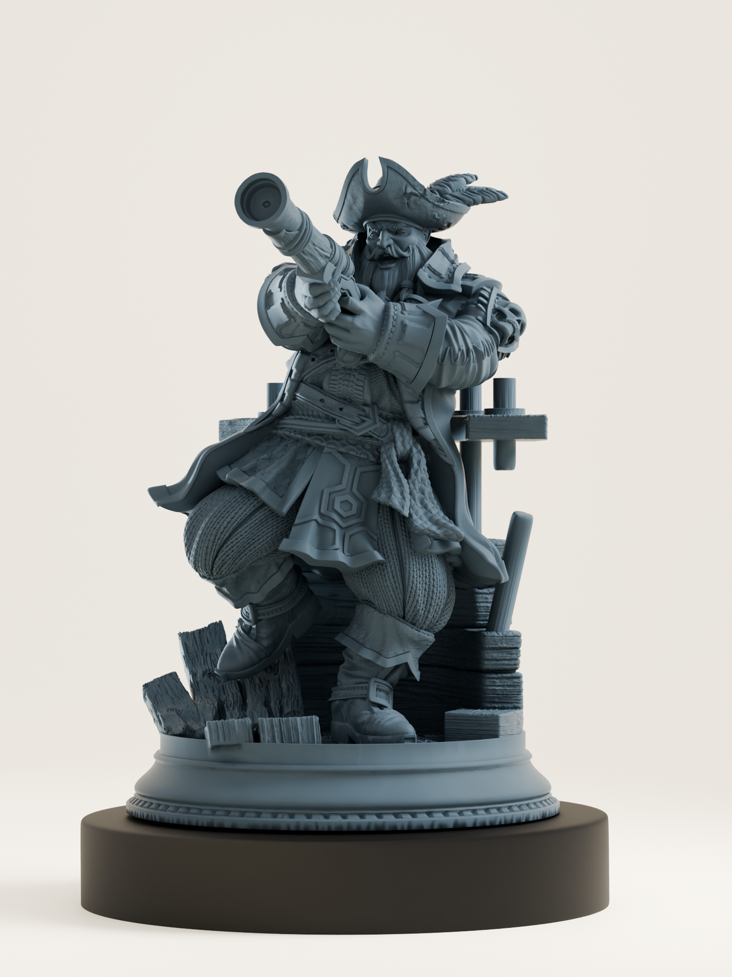 Nain pirate en pose dynamique, tenant un mousquet à deux mains, vêtu d’un manteau long, d’un tricorne orné de plumes et d’un pantalon bouffant. Il se tient sur un socle représentant le pont d’un navire abîmé. Miniature non peinte pour jeu de rôle.