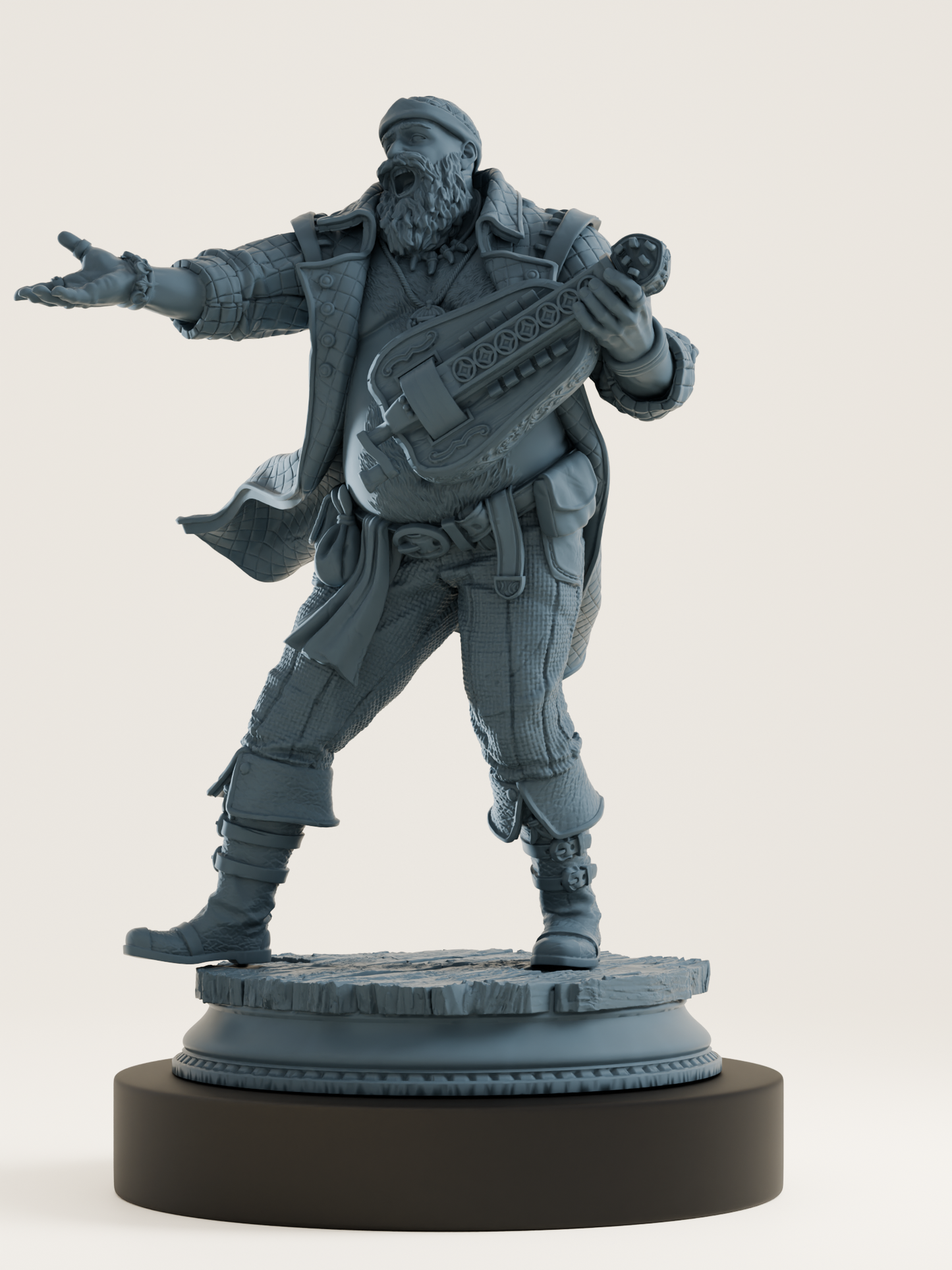 Figurine d’un humain barde jouant de la vielle à roue, bras levé en chantant, avec longue barbe, foulard et tenue de marin détaillée.