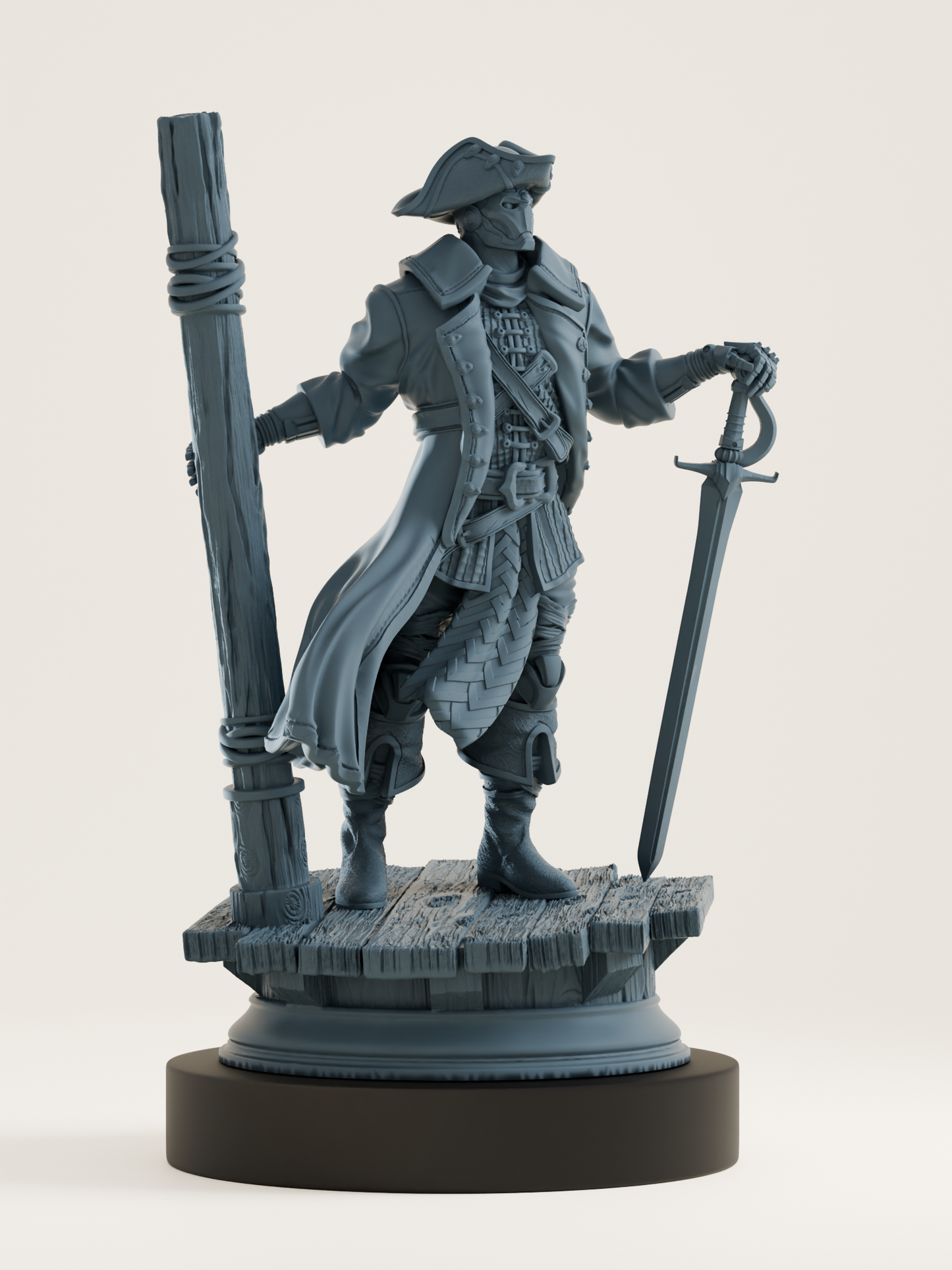 Figurine d’un pirate artificiel en manteau long, tenant un sabre et debout sur un ponton, avec un tricorne et une armure d’officier naval. Idéale pour jeu de rôle fantastique maritime.