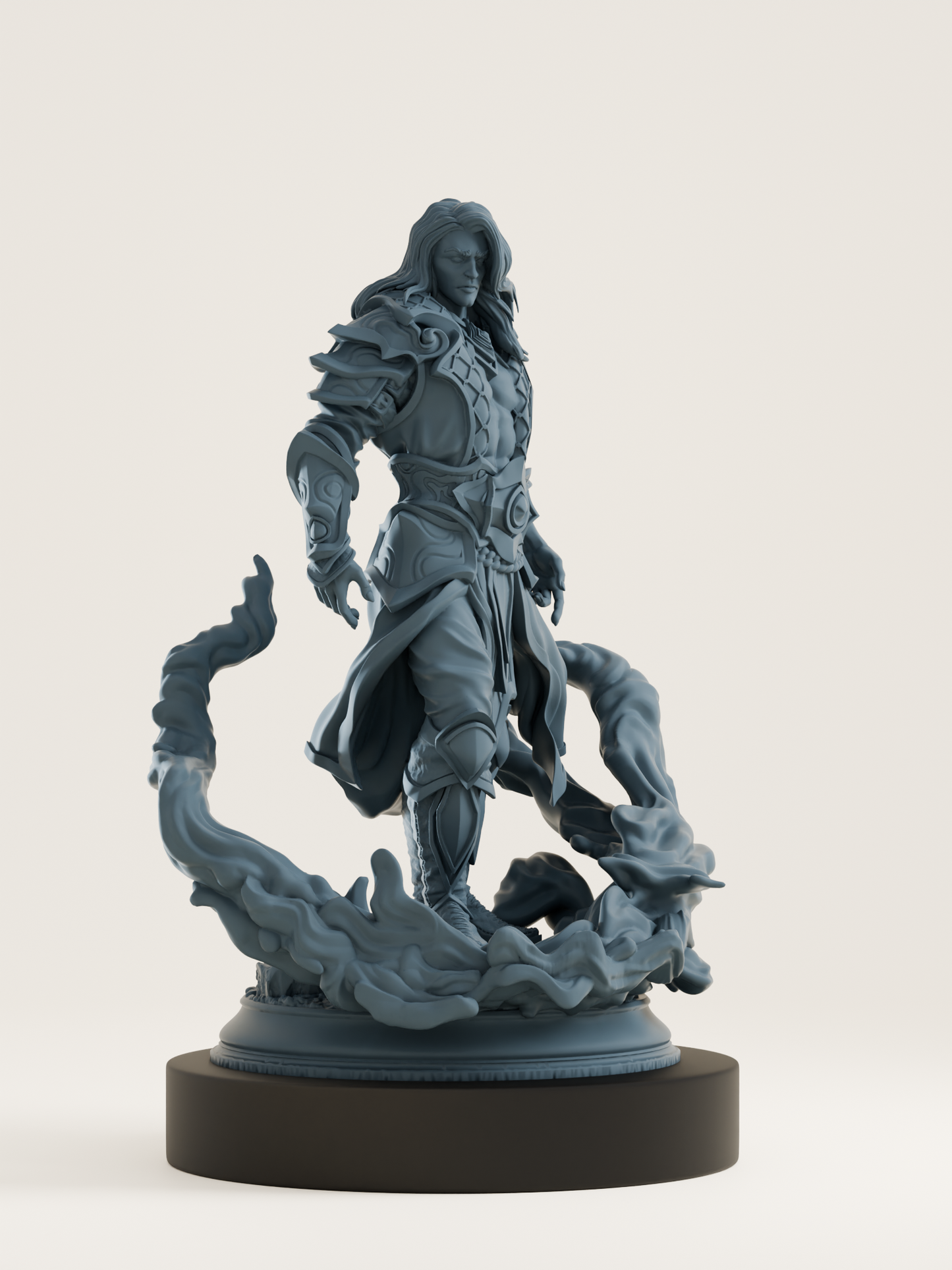 Figurine d’un elfe des mers en armure élégante, debout sur les flots, entouré de vagues sculptées en résine, incarnant un sorcier maîtrisant la magie aquatique.
