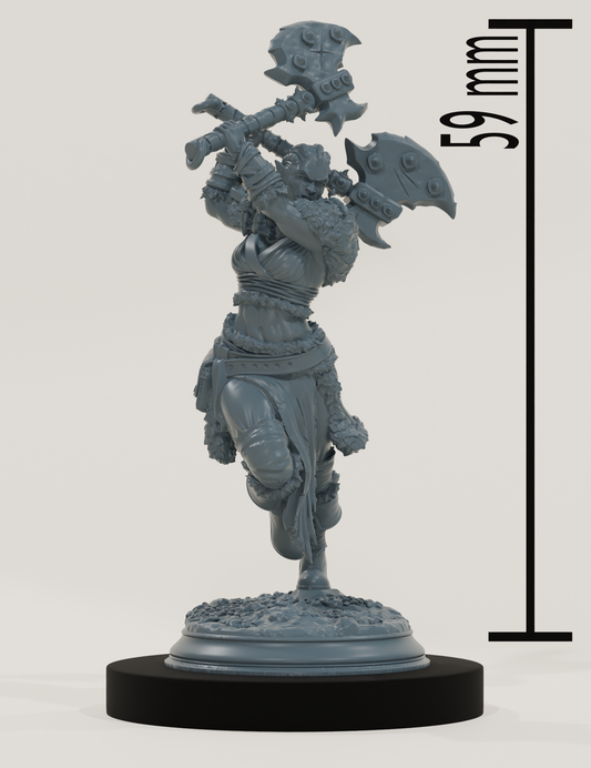 Guerrier orc à peau verte brandissant une arme massive à double lame, vêtu de fourrures et armure tribale
