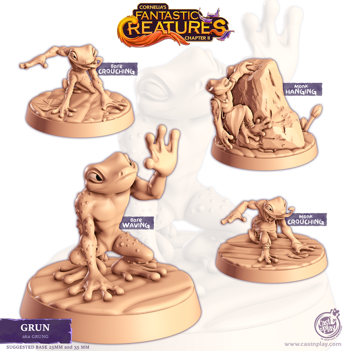 Deux figurines de grenouilles humanoïdes Grung à peindre : l’une nue en posture neutre, l’autre en moine suspendu à un rocher ou accroupi, parfaites pour jeux de rôle fantasy.