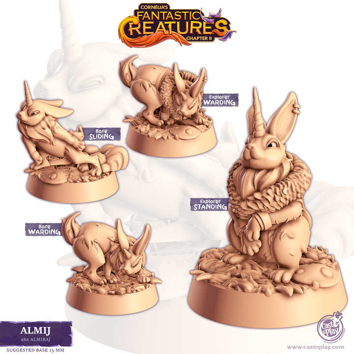 Figurine de lapin magique à corne, inspiré de l’Almiraj dans DnD, avec différentes poses dynamiques et mignonnes. Miniature à peindre idéale comme familier de jeu de rôle.