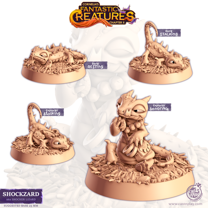 Figurine de lézard magique miniature sur socle, avec plusieurs variantes de pose, compagnon animal à peindre pour jeux de rôle.