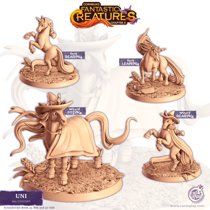 Figurine de licorne fantasy avec plusieurs poses dont une version en magicienne, idéale pour les jeux de rôle et la peinture sur figurine.