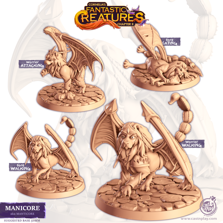 Figurine de manticore imposante avec ailes déployées, queue de scorpion et armure détaillée, compagnon ou ennemi pour jeu de rôle fantastique.