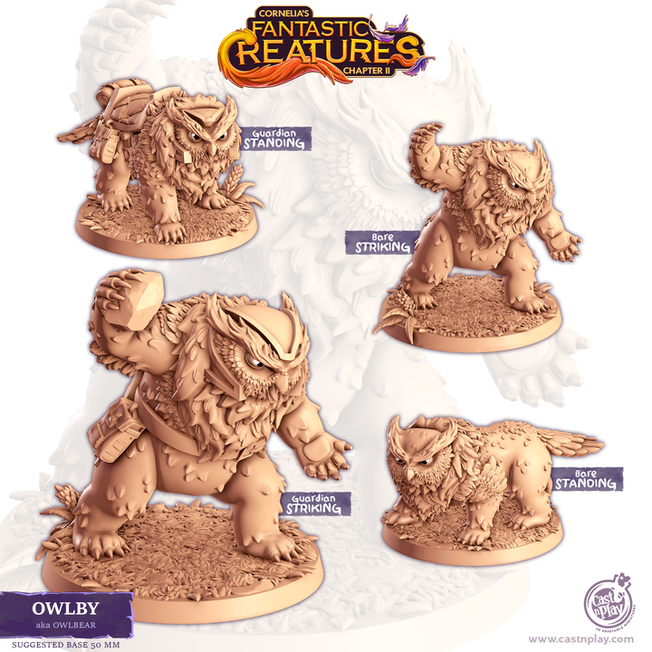 Figurine de hibours (Owlbear) en résine, hybride entre un ours massif et une chouette, représentée en plusieurs poses dont une posture d’attaque et une de garde. Miniature à peindre idéale pour jeu de rôle.