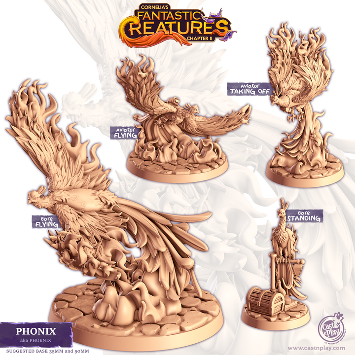Figurine fantasy représentant un phénix majestueux, aux ailes déployées dans des volutes de flammes, parfait pour les jeux de rôle et les dioramas magiques.