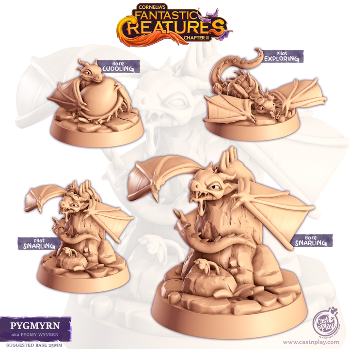 Figurine fantastique représentant une petite wyverne aux ailes déployées, posée sur un rocher, parfaite comme familier ou créature sauvage dans un jeu de rôle fantasy.