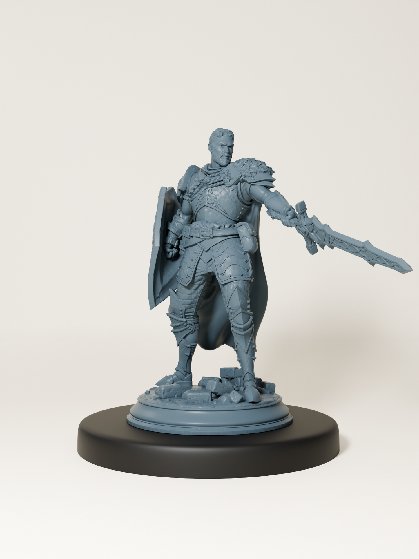 Figurine de paladin en armure avec cape, épée et bouclier, miniature fantasy à peindre pour jeu de rôle.
