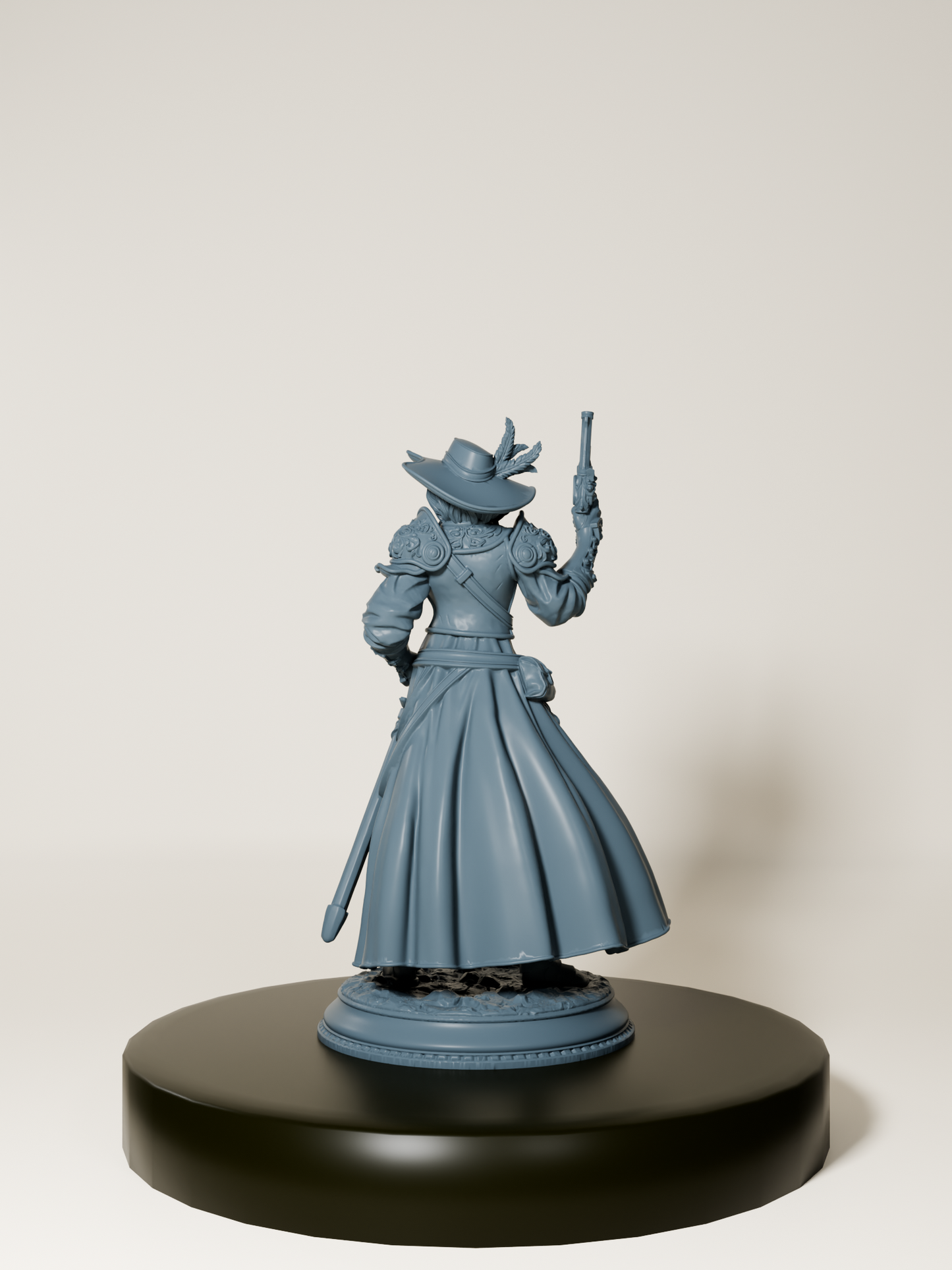 Figurine d’une inquisitrice humaine armée d’un pistolet et d’une rapière, vêtue d’un long manteau détaillé, parfaite pour le jeu de rôle et la peinture de figurines