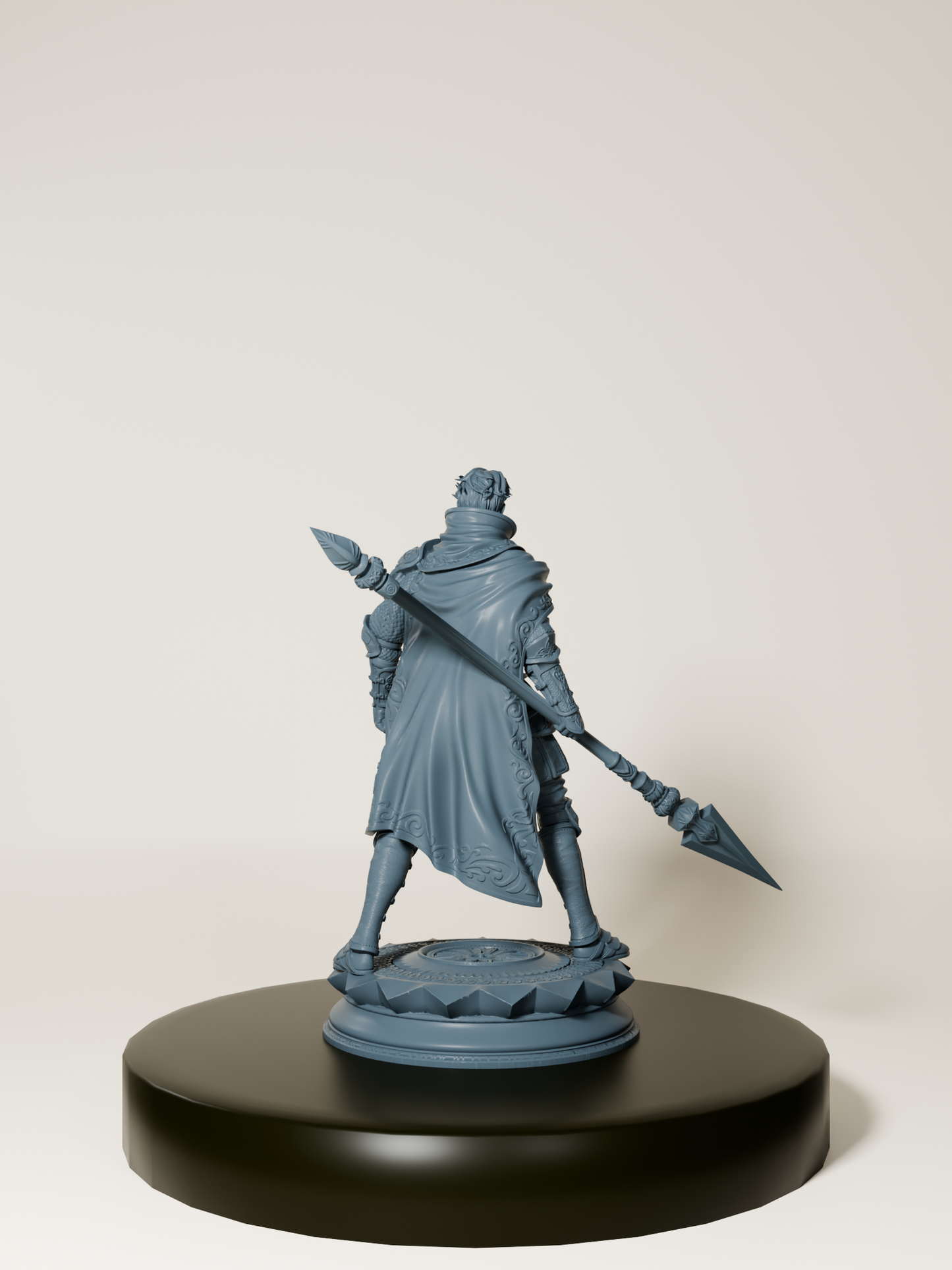 Figurine de lancier humain pour jeux de rôle, posée sur un socle, en pleine posture de combat.