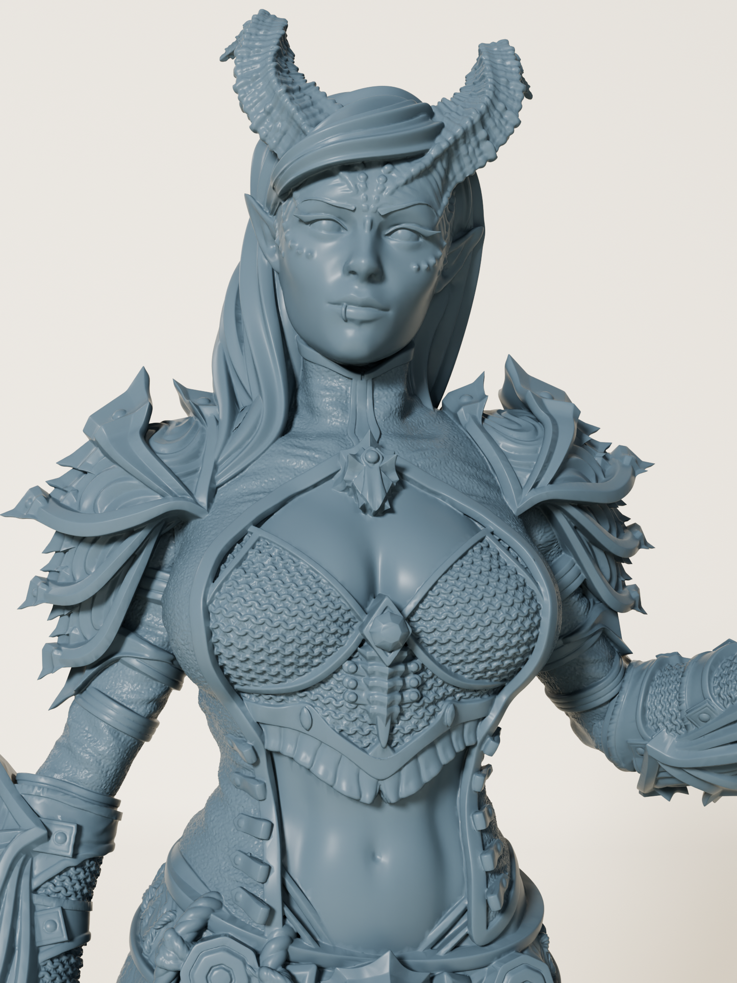 Figurine à peindre de femme guerrière draconique avec armure, cornes et queue, pour jeu de rôle et diorama