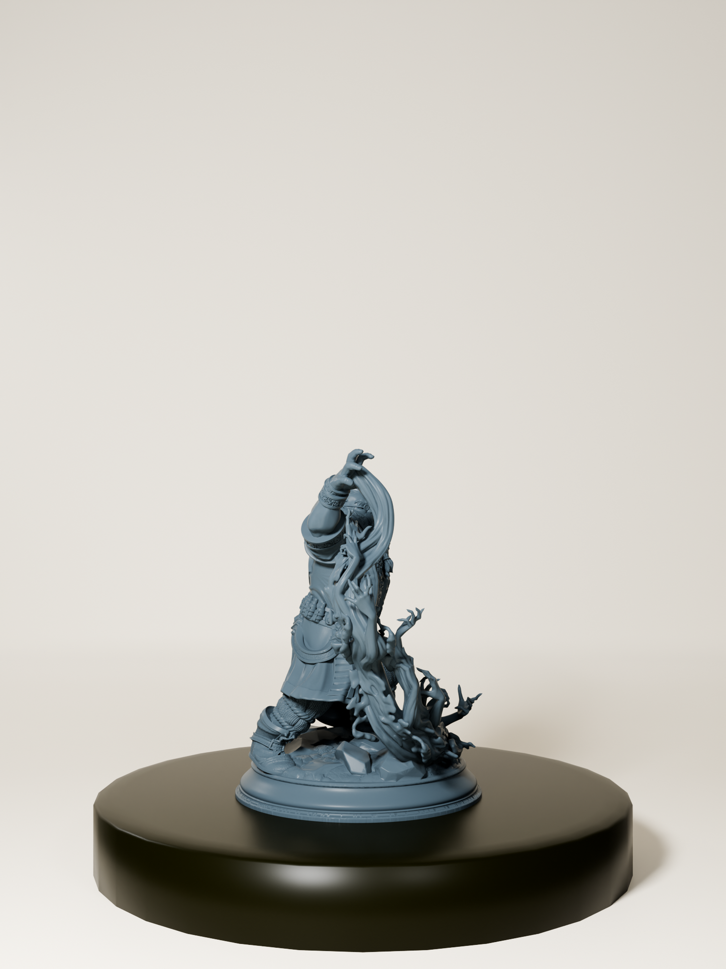 Figurine de nain occultiste en résine, vêtu d'une armure finement détaillée, invoquant une énergie sombre.