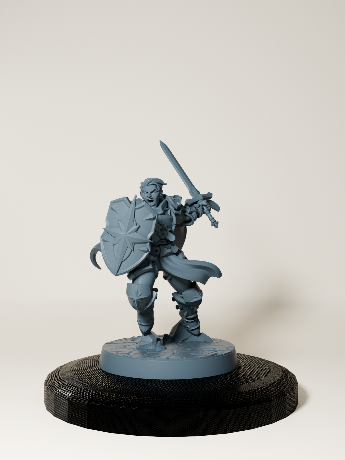 Figurine de paladin en armure massive, tenant épées et boucliers, prêtes à défendre la justice et affronter les ténèbres dans les jeux de rôle et la peinture sur figurine.