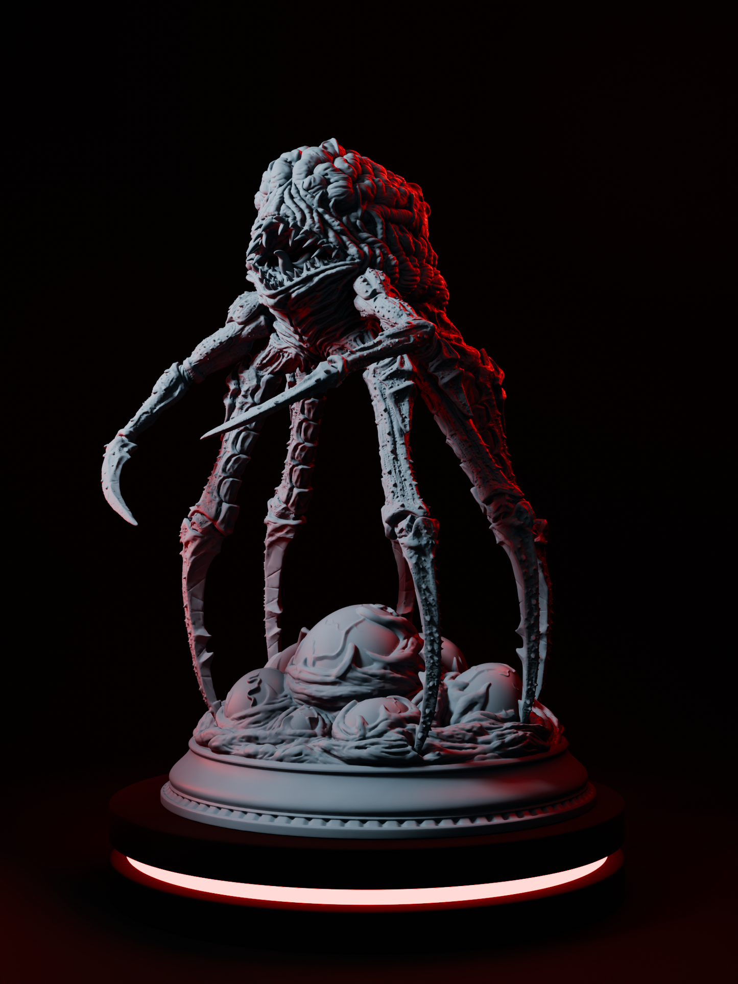 Figurine d'une abomination psychique à plusieurs membres, sur socle d'œufs monstrueux, idéale pour jeux de rôle comme D&D ou Pathfinder.