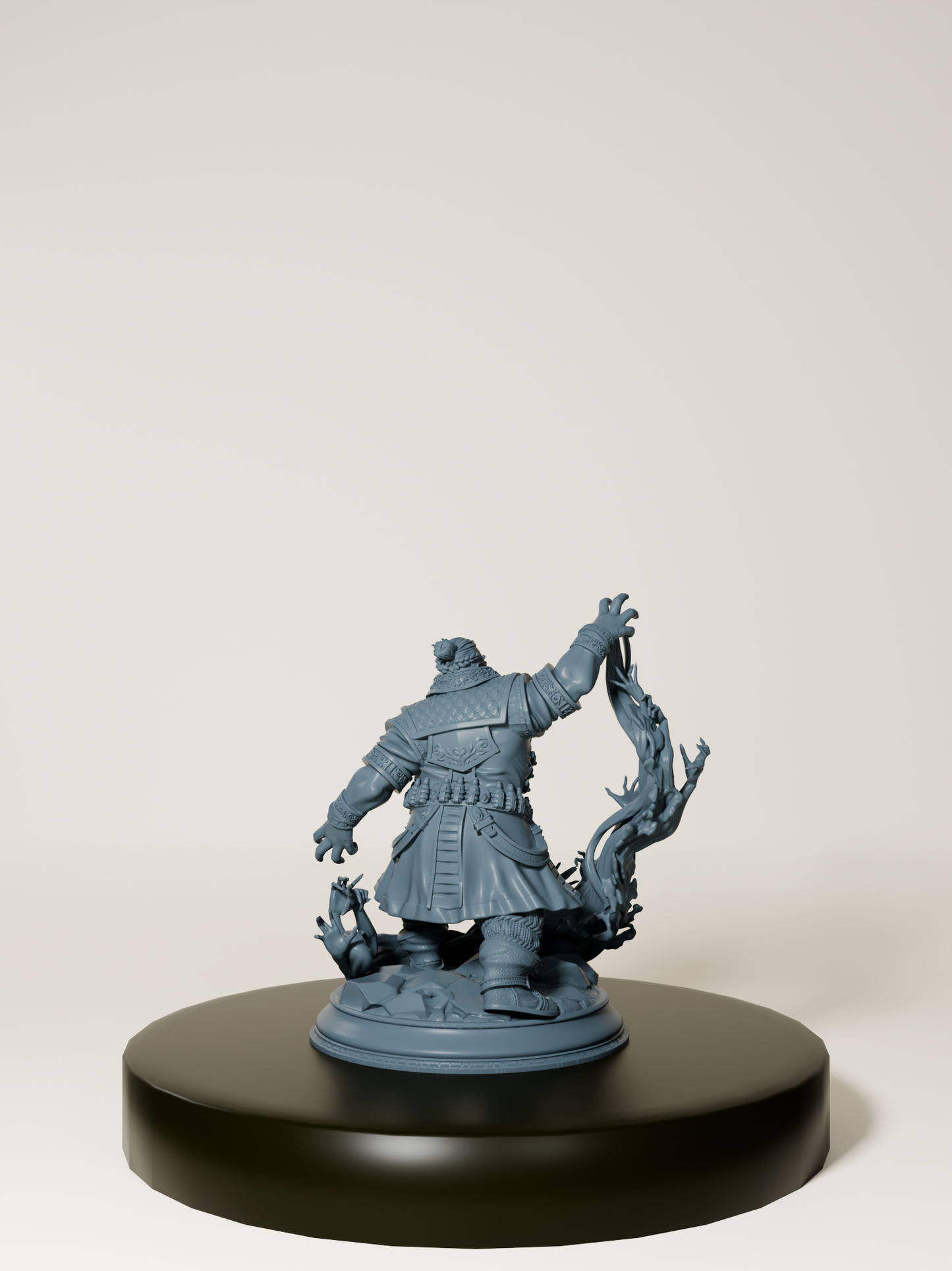 Figurine de nain occultiste en résine, vêtu d'une armure finement détaillée, invoquant une énergie sombre.