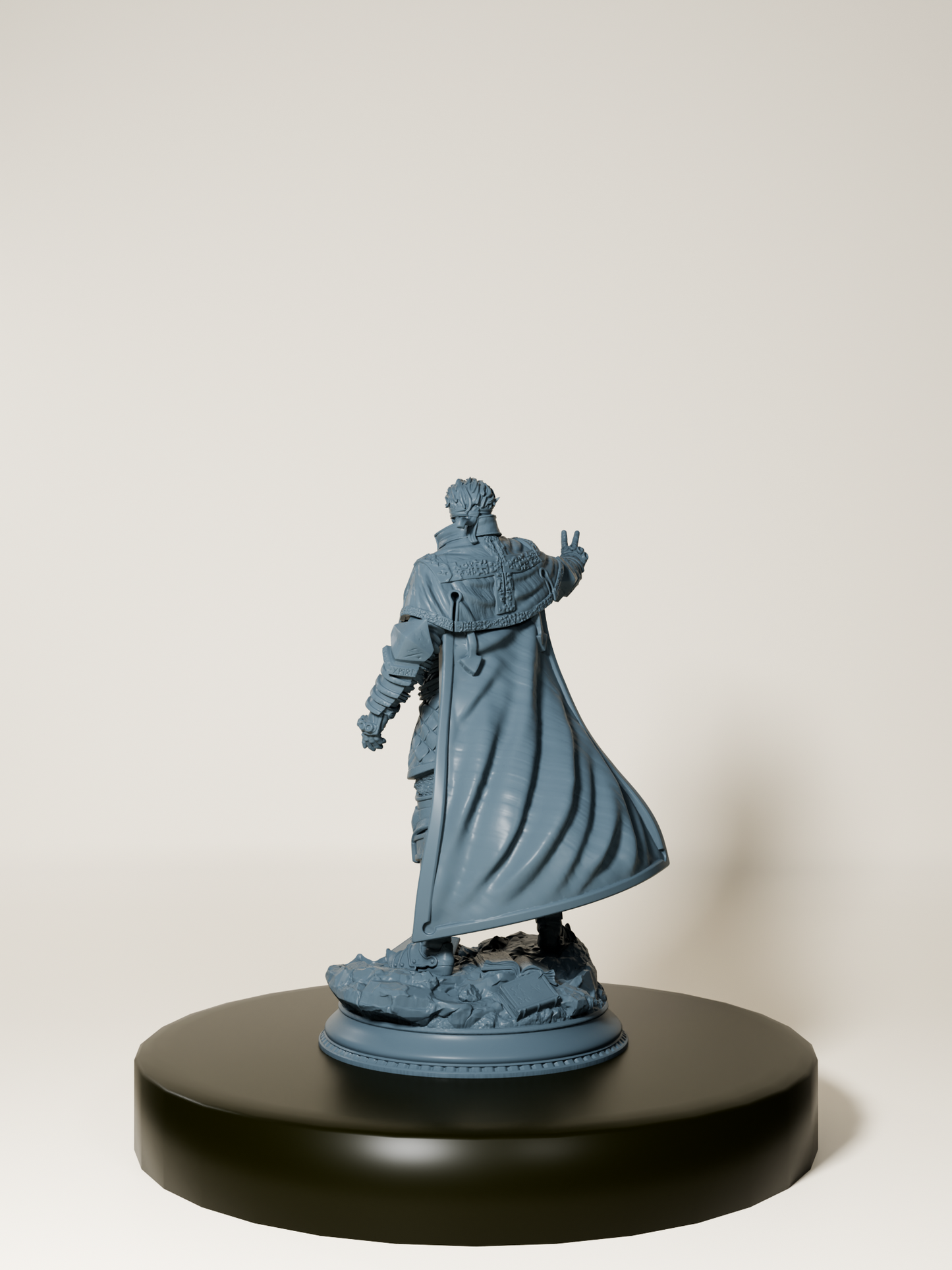 Figurine 32 mm de demi-elfe inquisiteur psionique pour jeux de rôle et peinture, posture dynamique, armure détaillée et cape flottante.