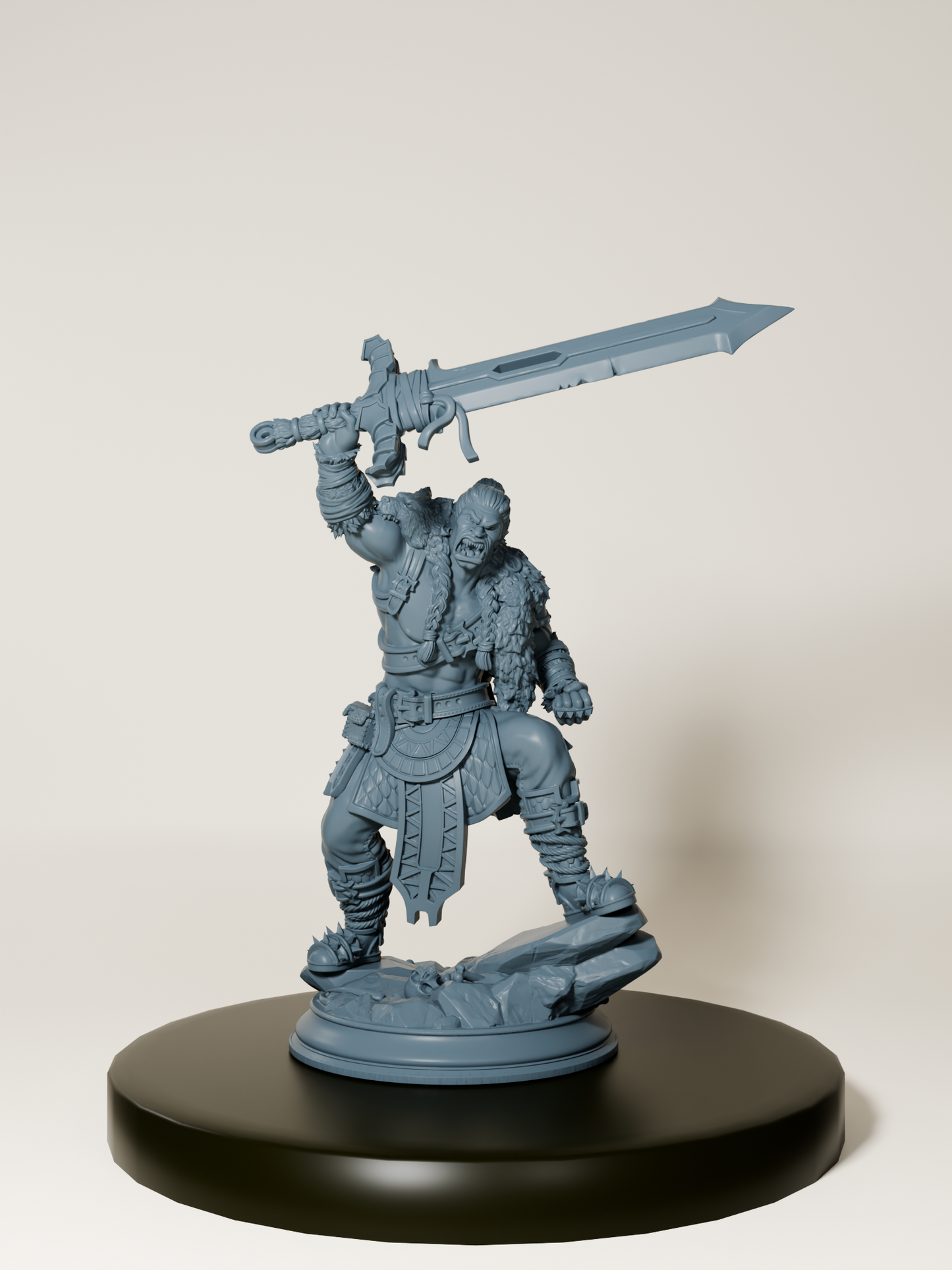 Figurine détaillée d’un barbare demi-orc levant une épée massive, idéal pour jeux de rôle et modélisme.