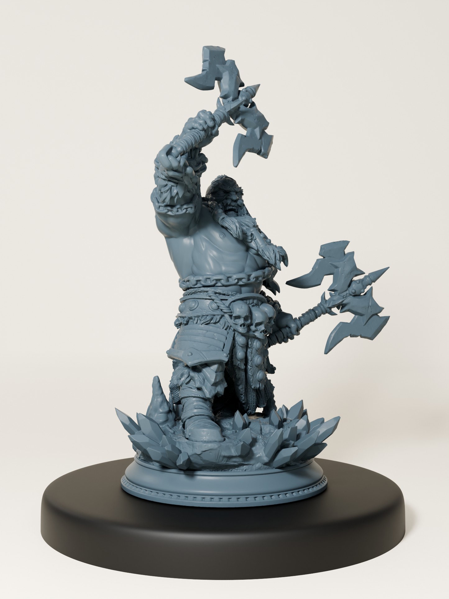 Figurine de barbare nain musclé brandissant deux haches, avec des crânes à la ceinture et un socle en cristaux.