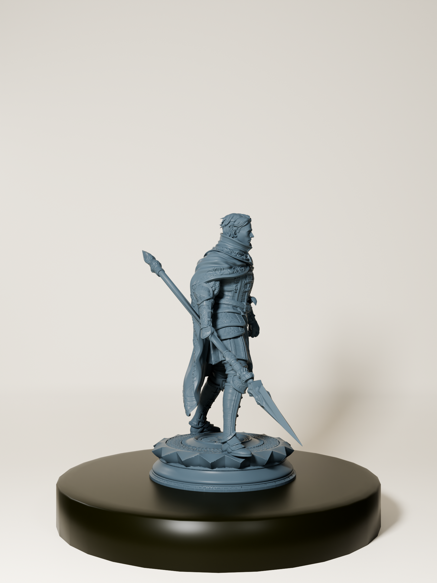 Figurine de lancier humain pour jeux de rôle, posée sur un socle, en pleine posture de combat.