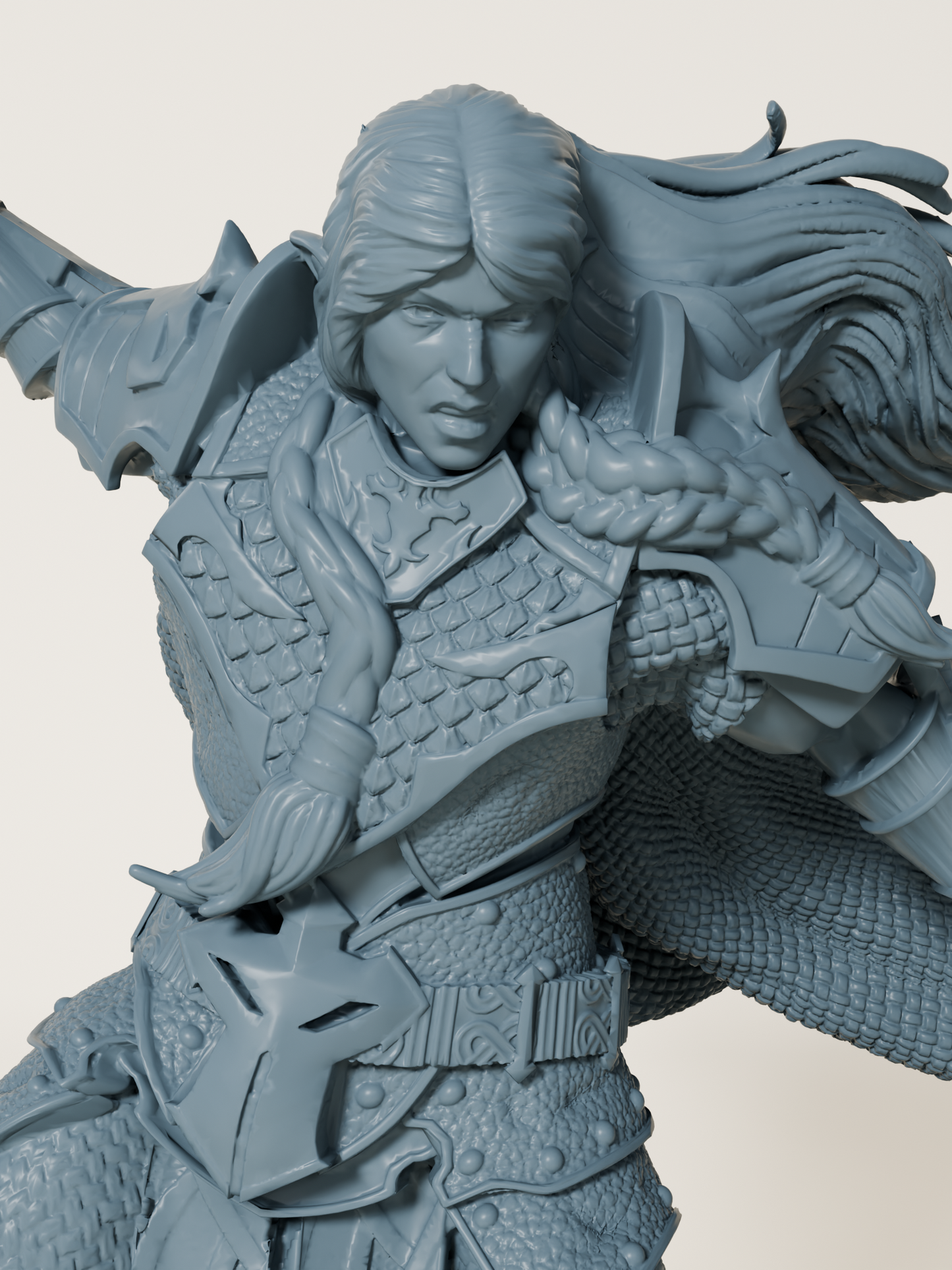 Figurine d’un rôdeur elfe bondissant, armé de deux lames, en pleine attaque.
