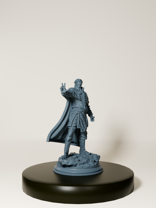 Figurine 32 mm de demi-elfe inquisiteur psionique pour jeux de rôle et peinture, posture dynamique, armure détaillée et cape flottante.