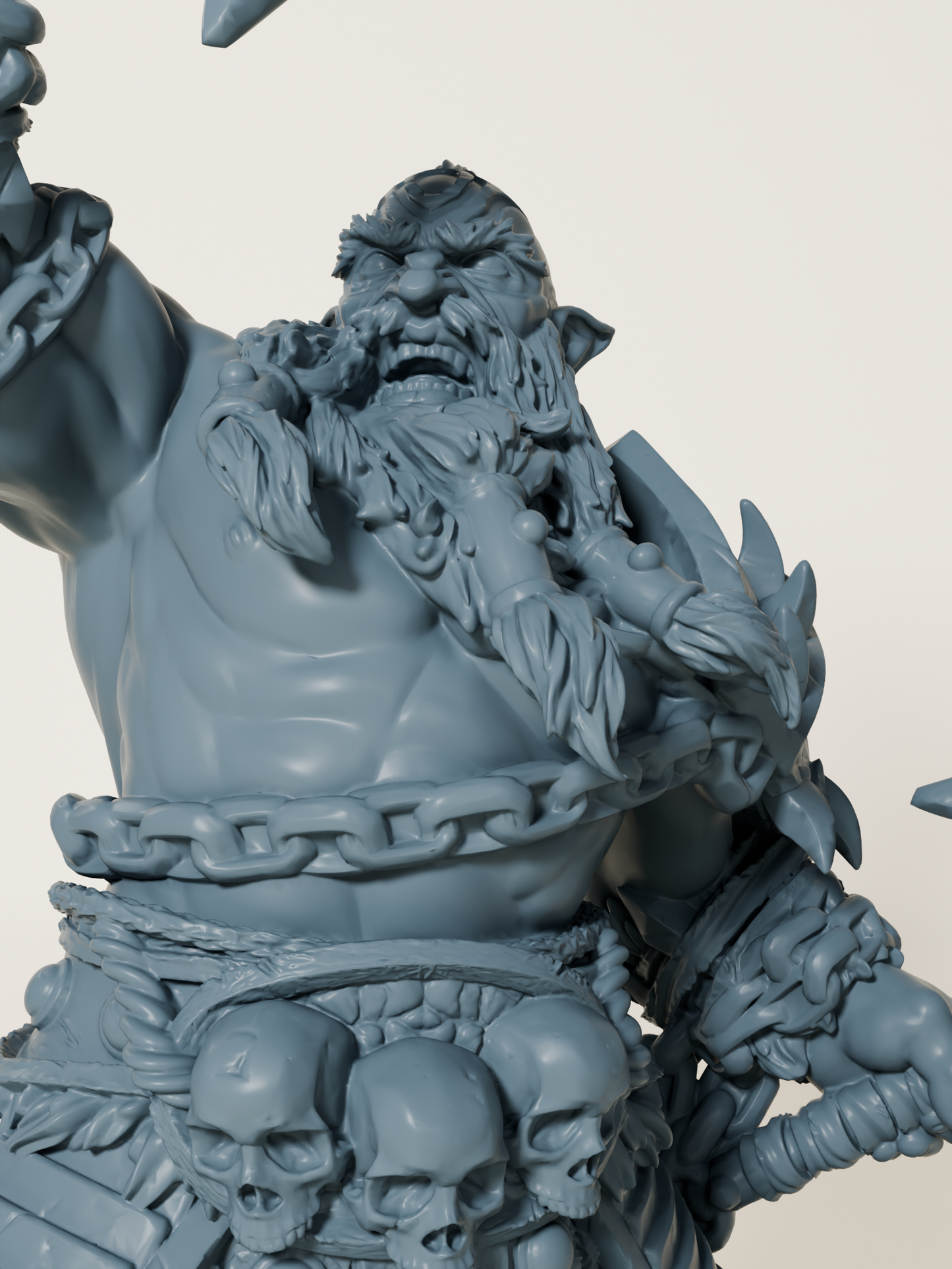 Figurine de barbare nain musclé brandissant deux haches, avec des crânes à la ceinture et un socle en cristaux.