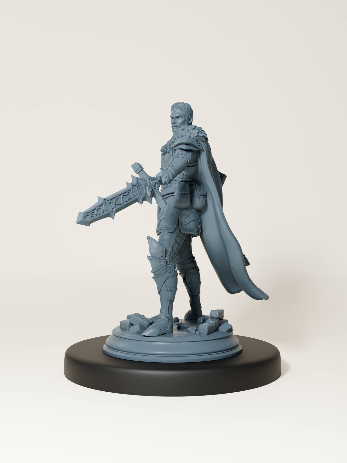 Figurine de paladin en armure avec cape, épée et bouclier, miniature fantasy à peindre pour jeu de rôle.