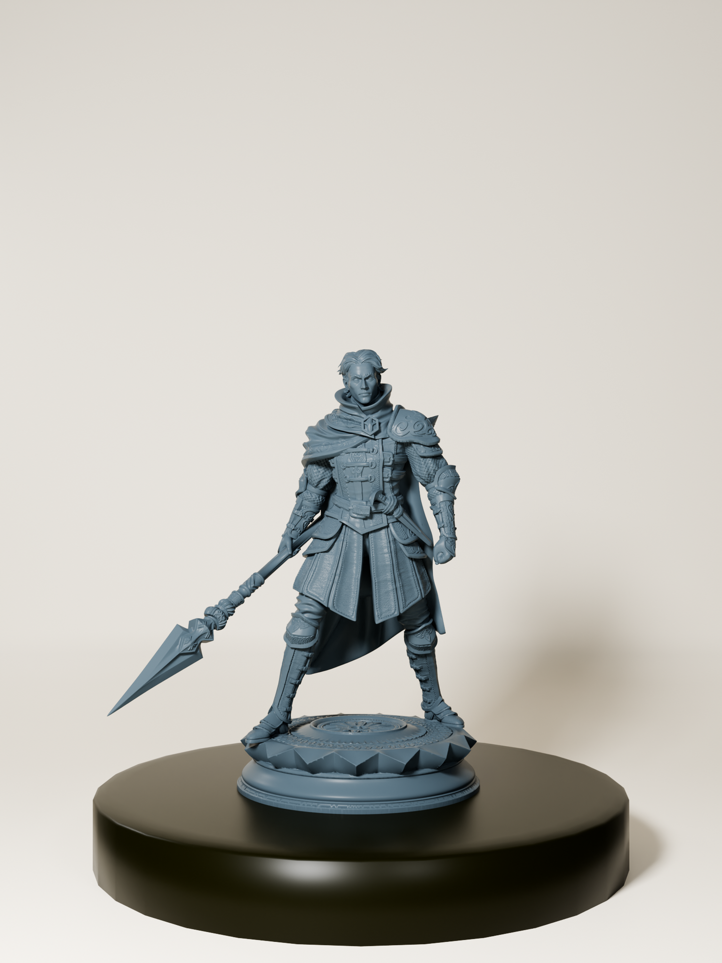 Figurine de lancier humain pour jeux de rôle, posée sur un socle, en pleine posture de combat.