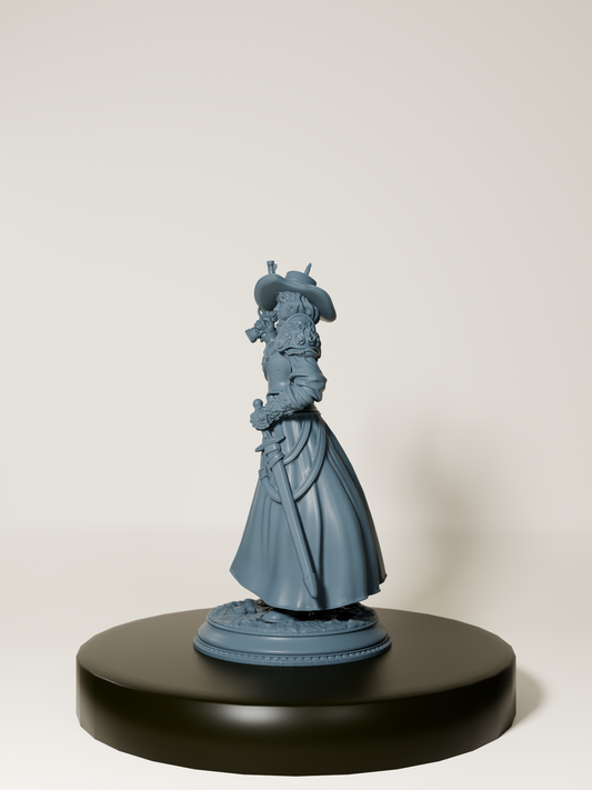 Figurine d’une inquisitrice humaine armée d’un pistolet et d’une rapière, vêtue d’un long manteau détaillé, parfaite pour le jeu de rôle et la peinture de figurines
