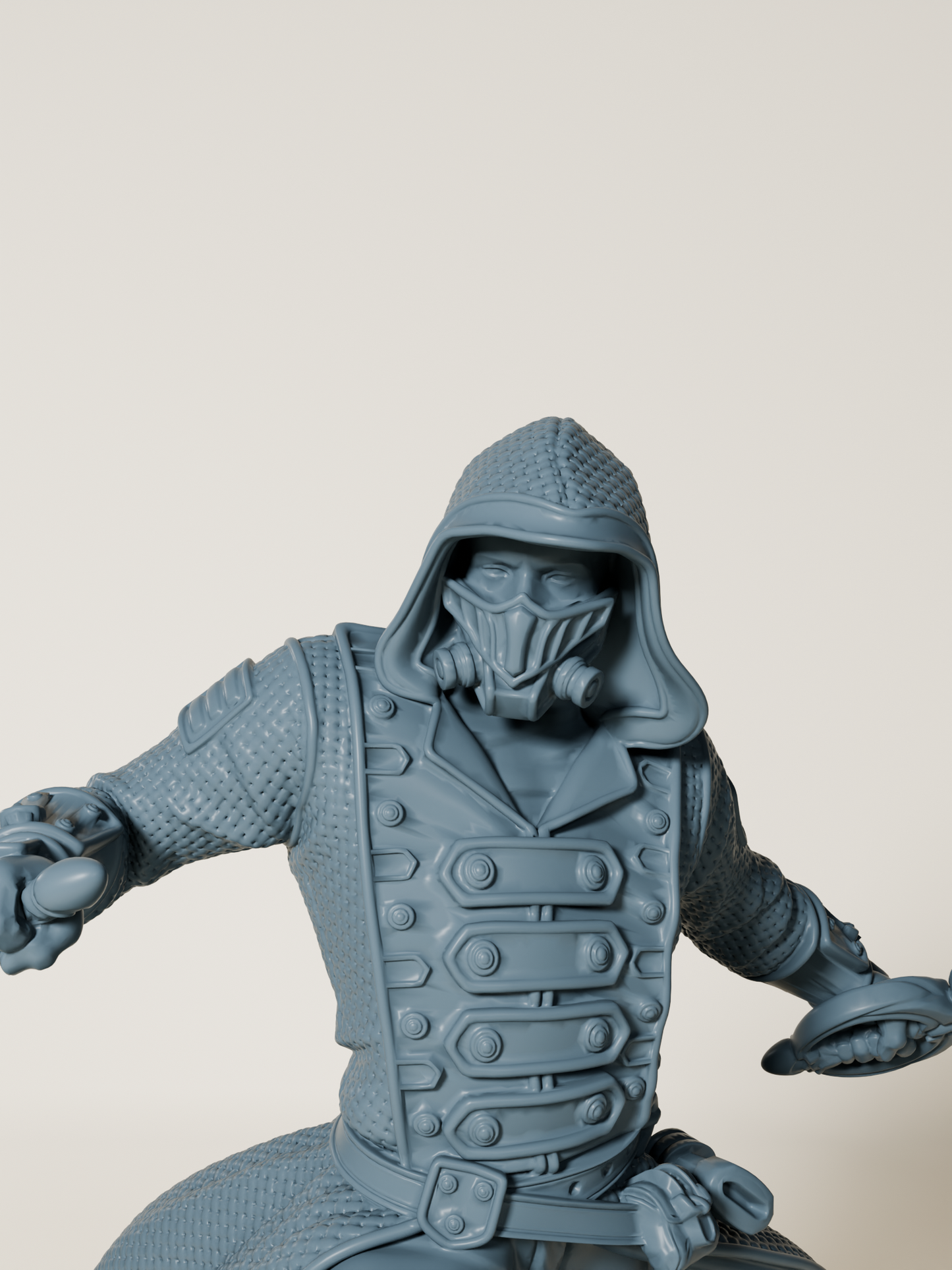 Figurine d’un assassin humain en pleine action, équipé d’un manteau à capuche et de deux lames, dans une posture de combat dynamique sur un socle détaillé.