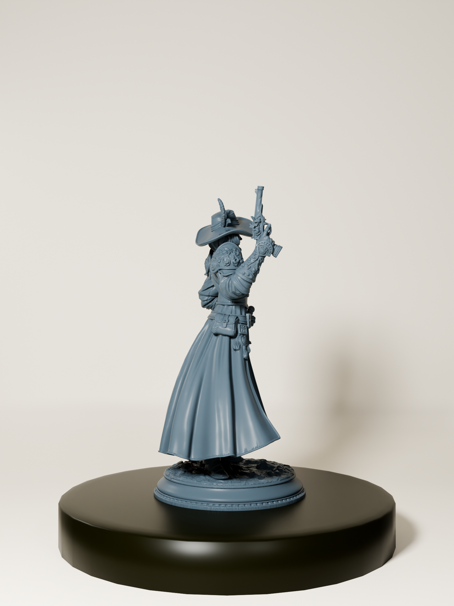 Figurine d’une inquisitrice humaine armée d’un pistolet et d’une rapière, vêtue d’un long manteau détaillé, parfaite pour le jeu de rôle et la peinture de figurines