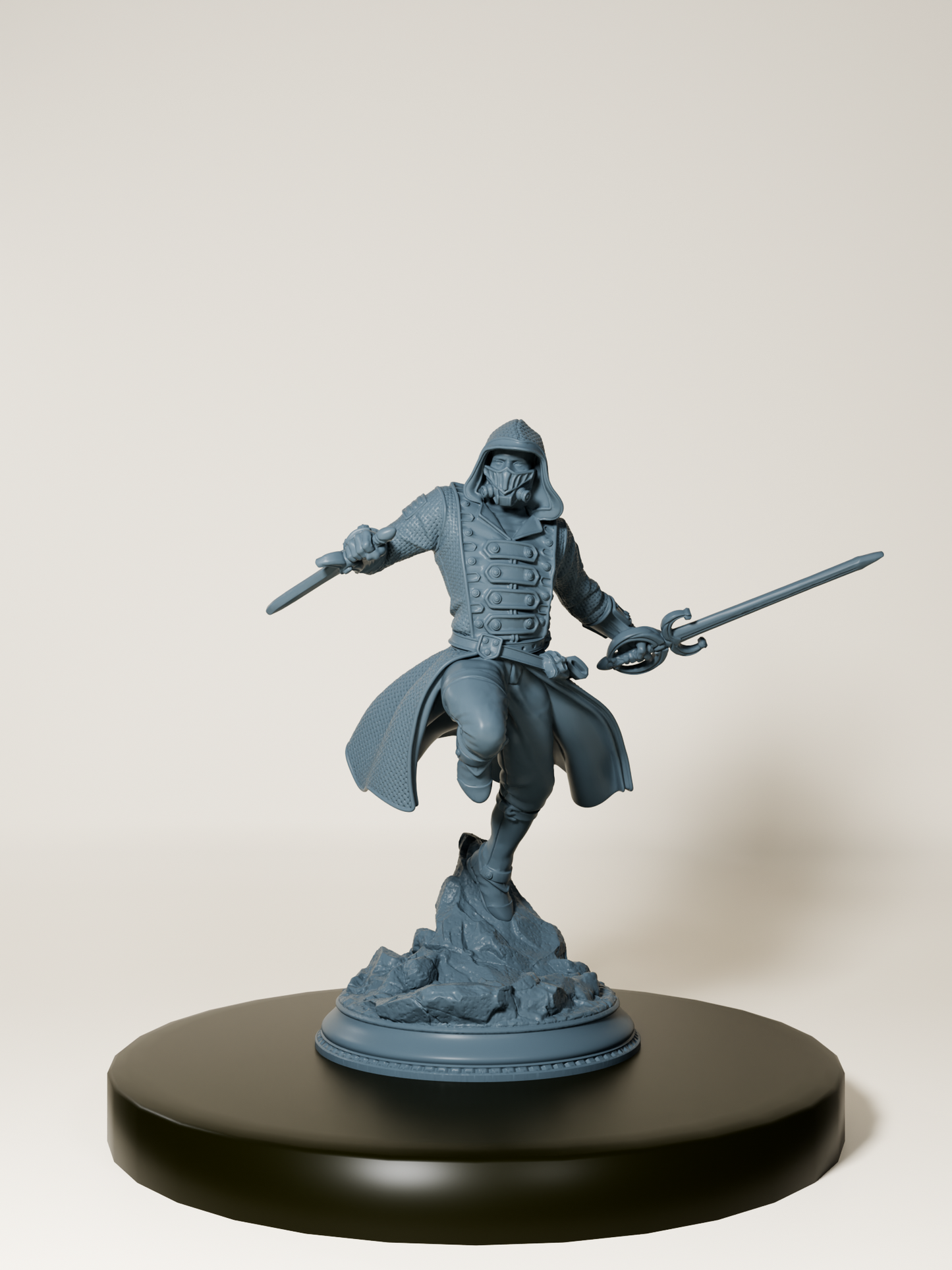 Figurine d’un assassin humain en pleine action, équipé d’un manteau à capuche et de deux lames, dans une posture de combat dynamique sur un socle détaillé.