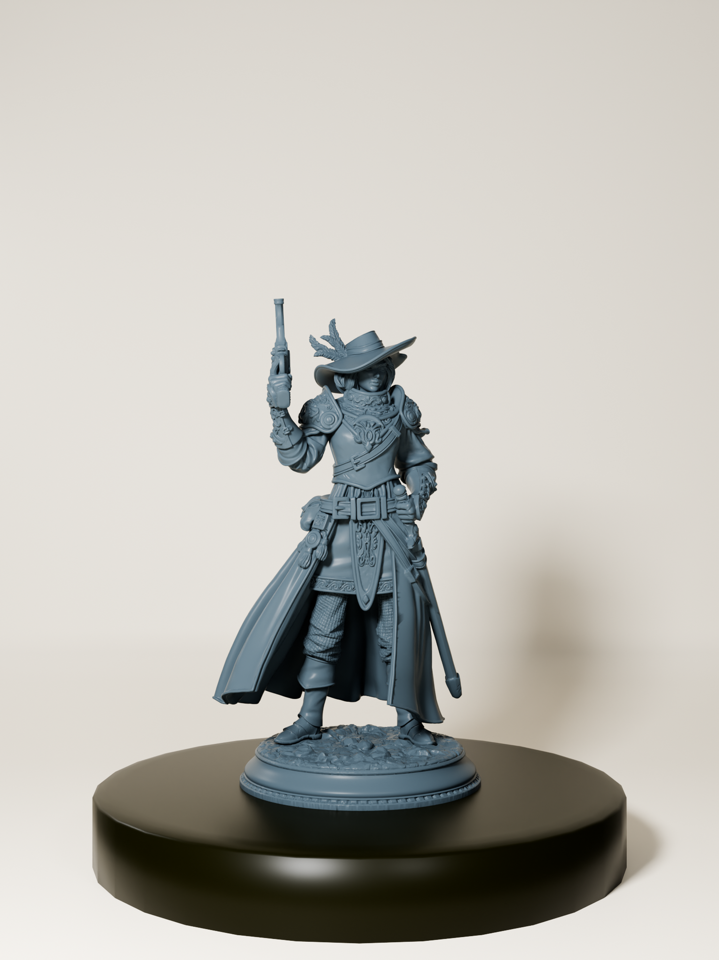 Figurine d’une inquisitrice humaine armée d’un pistolet et d’une rapière, vêtue d’un long manteau détaillé, parfaite pour le jeu de rôle et la peinture de figurines