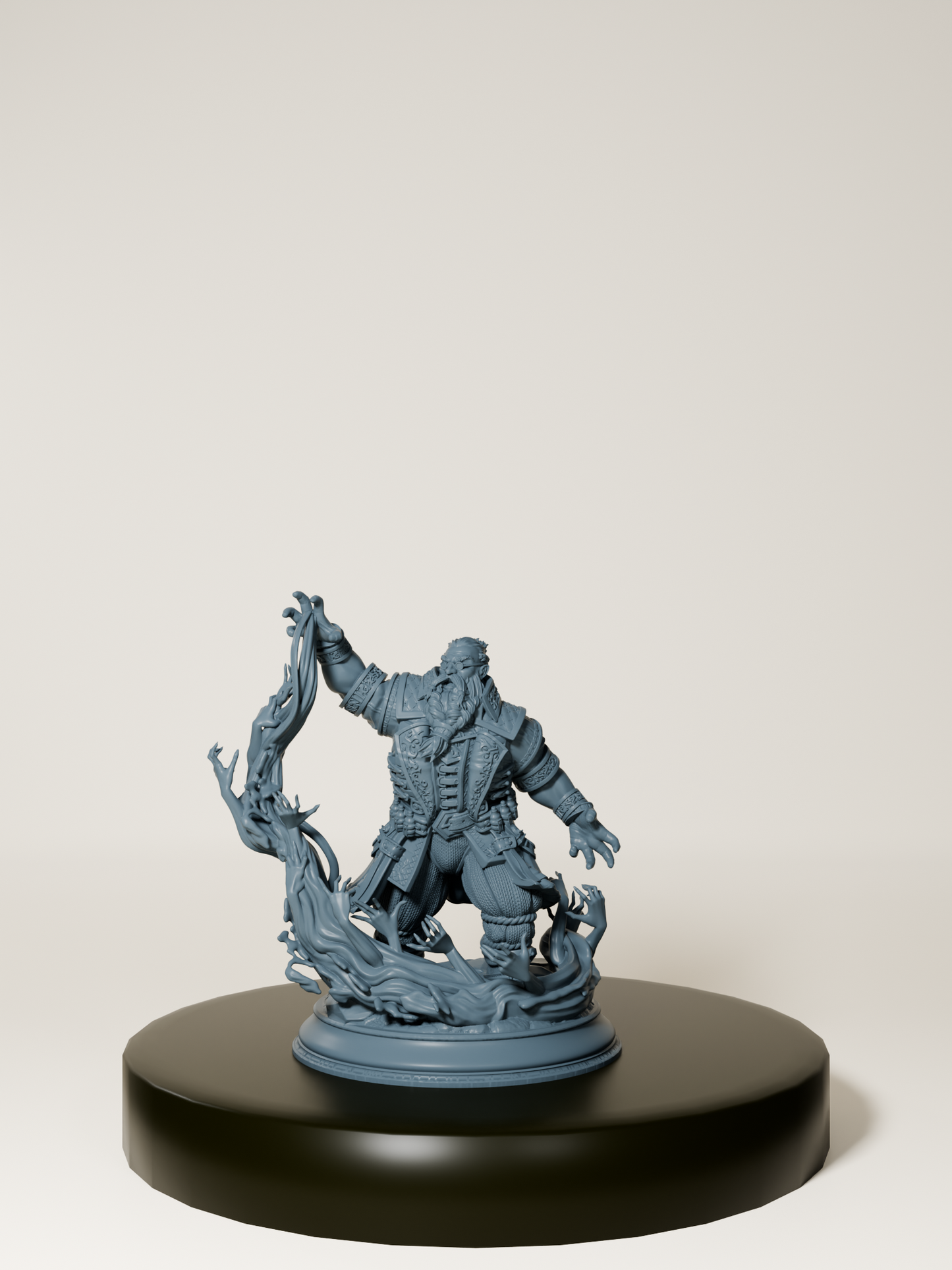 Figurine de nain occultiste en résine, vêtu d'une armure finement détaillée, invoquant une énergie sombre.