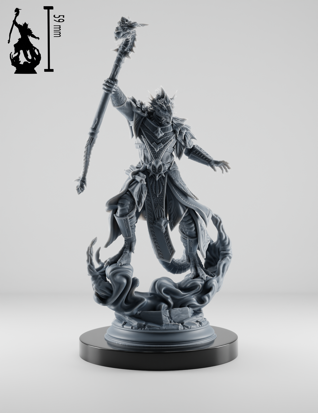 Figurine Dragonkin sorcier avec armure écailleuse, bâton dragon et effet eau, sur socle avec volutes aquatiques