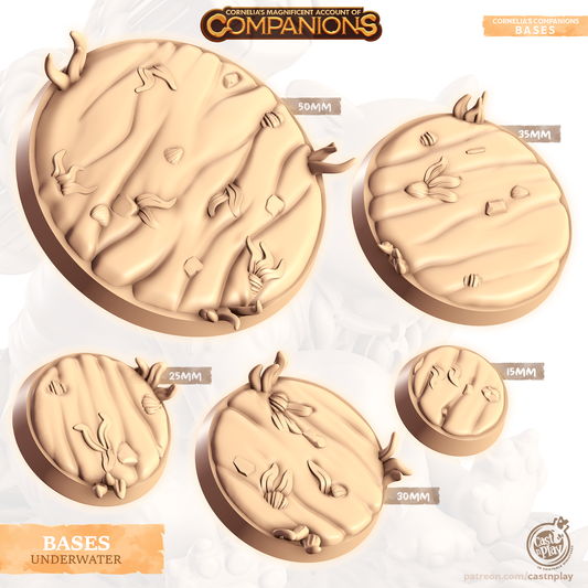 Set de cinq bases circulaires sous-marines sculptées avec coquillages, algues et ossements, tailles 15mm à 50mm