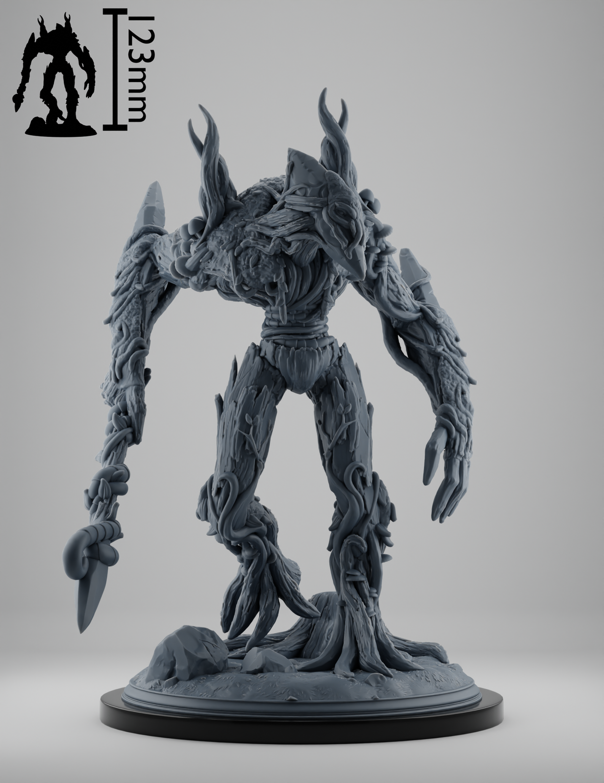 Figurine tréant miniature JDR en résine grise, créature végétale géante aux cristaux et griffes acérées, lance de lianes.
