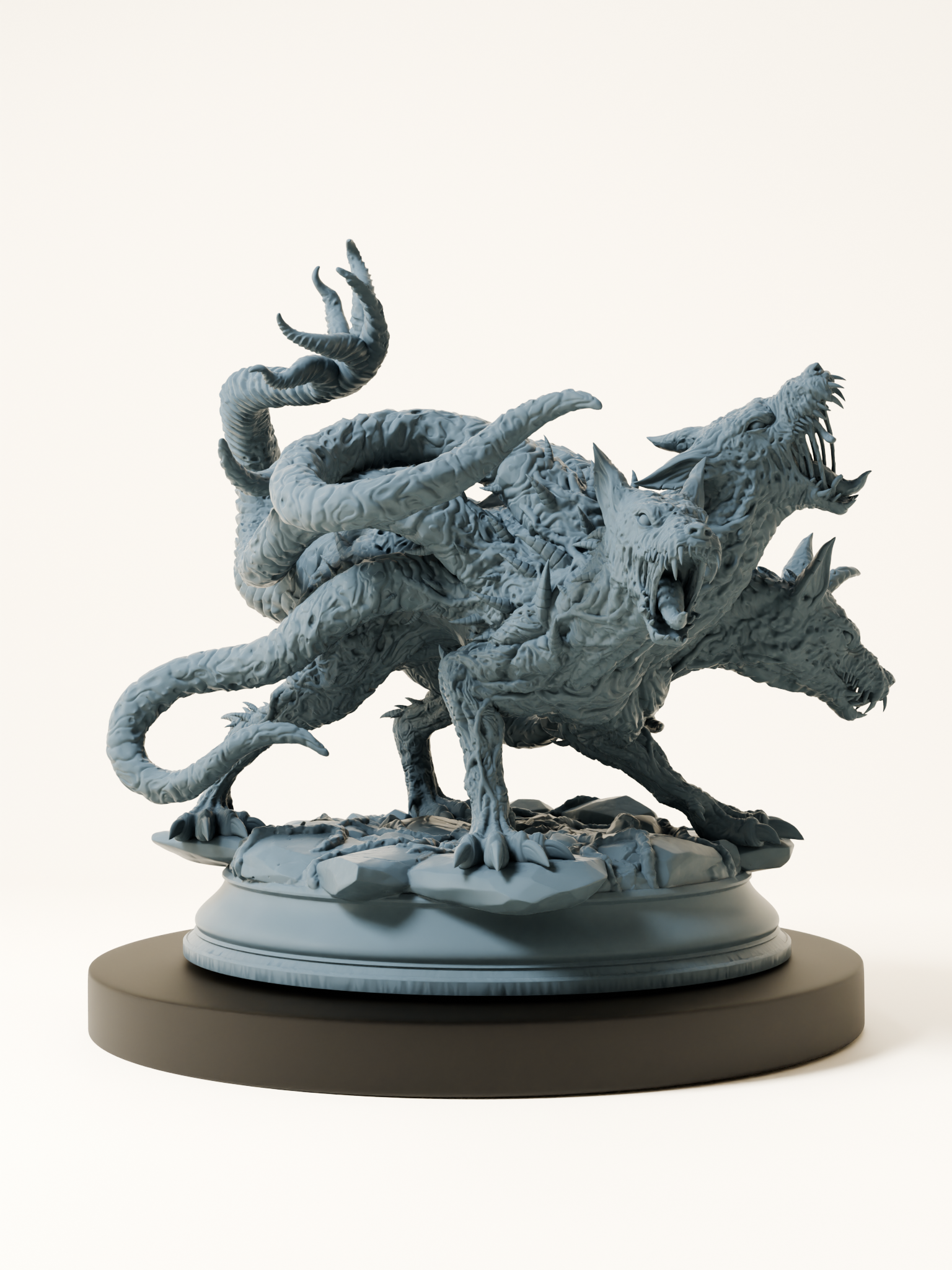 Figurine d’un molosse infernal à trois têtes avec tentacules, sur socle rocheux, pour jeu de rôle fantastique.