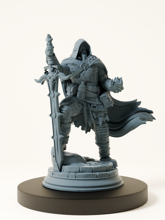 Figurine d’un rôdeur mort-vivant en armure lourde, capuche relevée, tenant une épée massive et une flamme surnaturelle, parfait pour un personnage de vengeance ou de justice sombre.