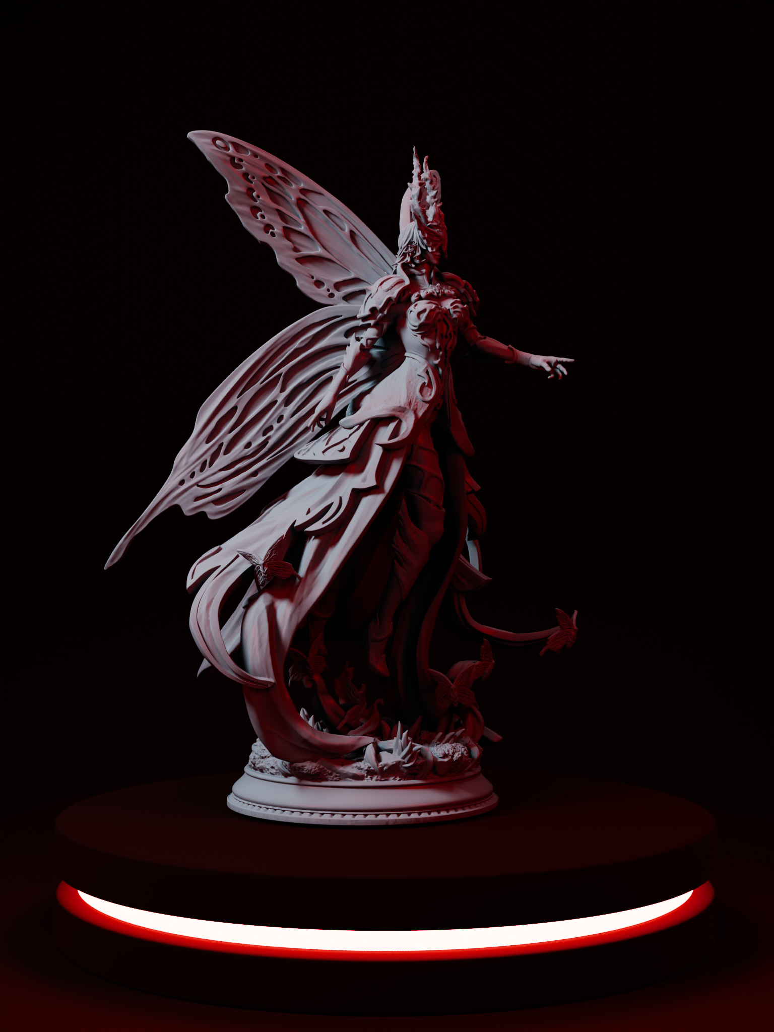 Figurine d’une reine féerique ailée avec une armure organique et une couronne cornue, debout sur un socle fleuri, parfaite pour incarner une souveraine féerique dans un jeu de rôle.