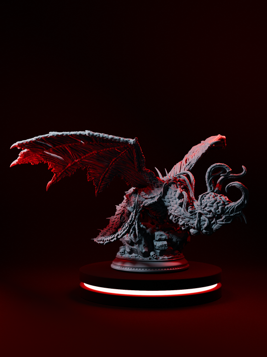 Dragon corrompu fusionné à une entité tentaculaire, ailes effilochées, cornes tordues et socle rocailleux orné de crânes, figurine fantasy à peindre pour jeu de rôle.