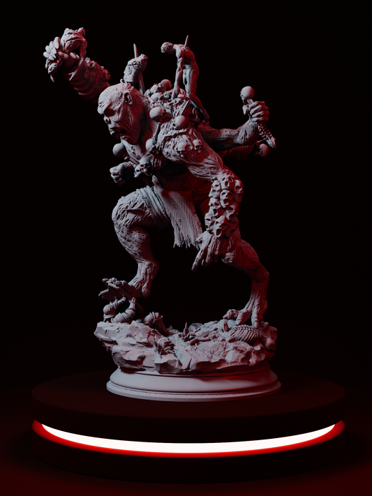 Figurine de monstre géant composé de corps empalés et fusionnés, tenant des restes humains, avec des détails sculptés de têtes, os et membres sur un socle rocheux.