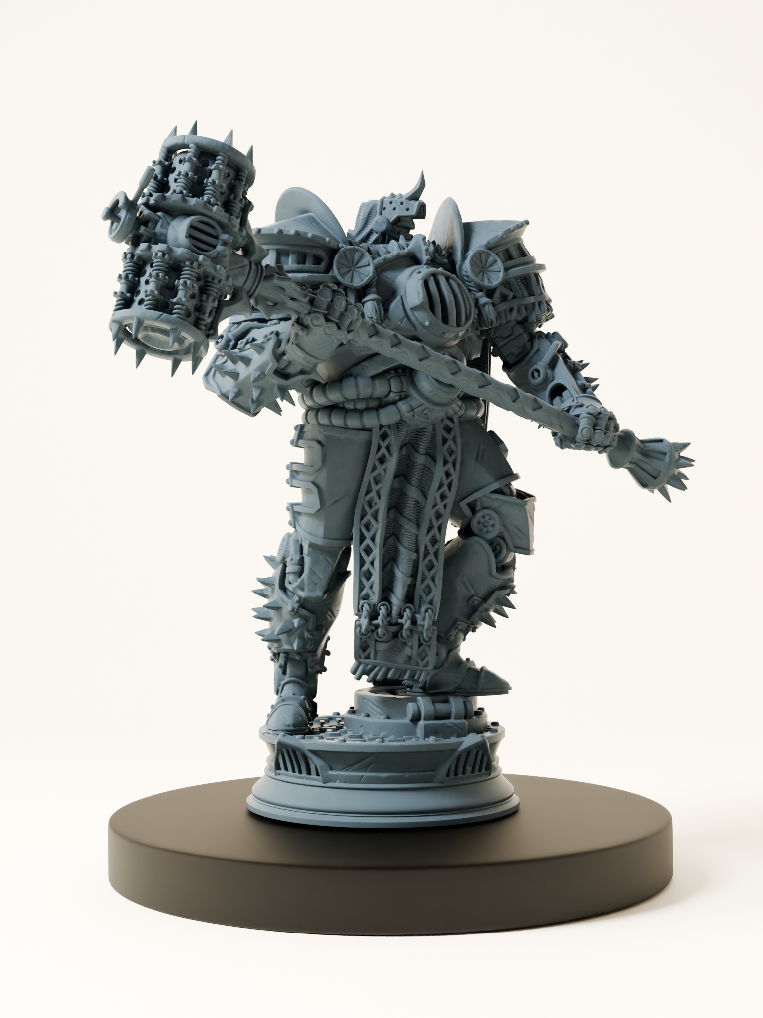 Figurine d’un colosse soulforgé en armure lourde, armé d’un marteau mécanique et couvert de symboles impériaux, idéal pour incarner un champion oublié ou un guerrier artificiel en quête de rédemption.