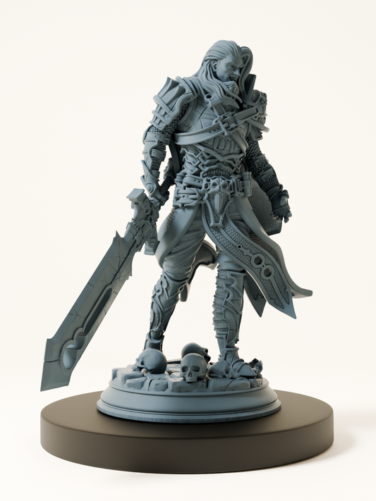 Figurine d’un chevalier vampire en armure gothique, brandissant une épée massive, avec cape et détails macabres, pour jeux de rôle et peinture.