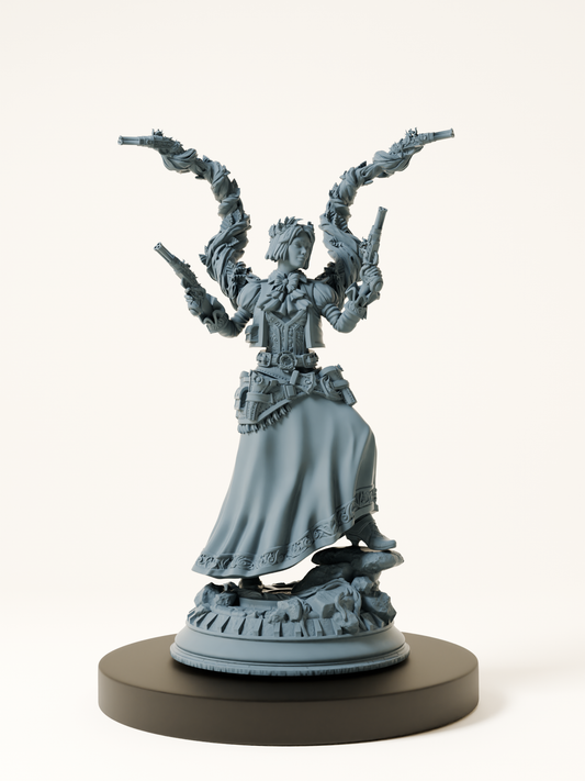 Figurine d’une demi-elfe équipée d’un fusil et d’un manteau de voyage, mêlant esthétique druidique et équipement de tireuse, prête à défendre la forêt.